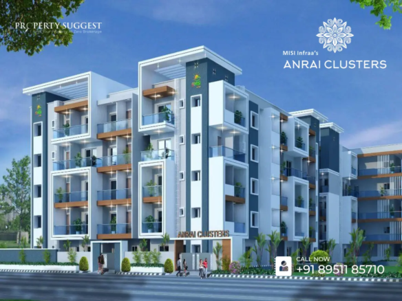 Aerial view of Misi Anrai Clusters residential project in Gunjur-Mugalur Road Bangalore featuring low-rise apartments surrounded by greenery and a developed by Misi Infra.