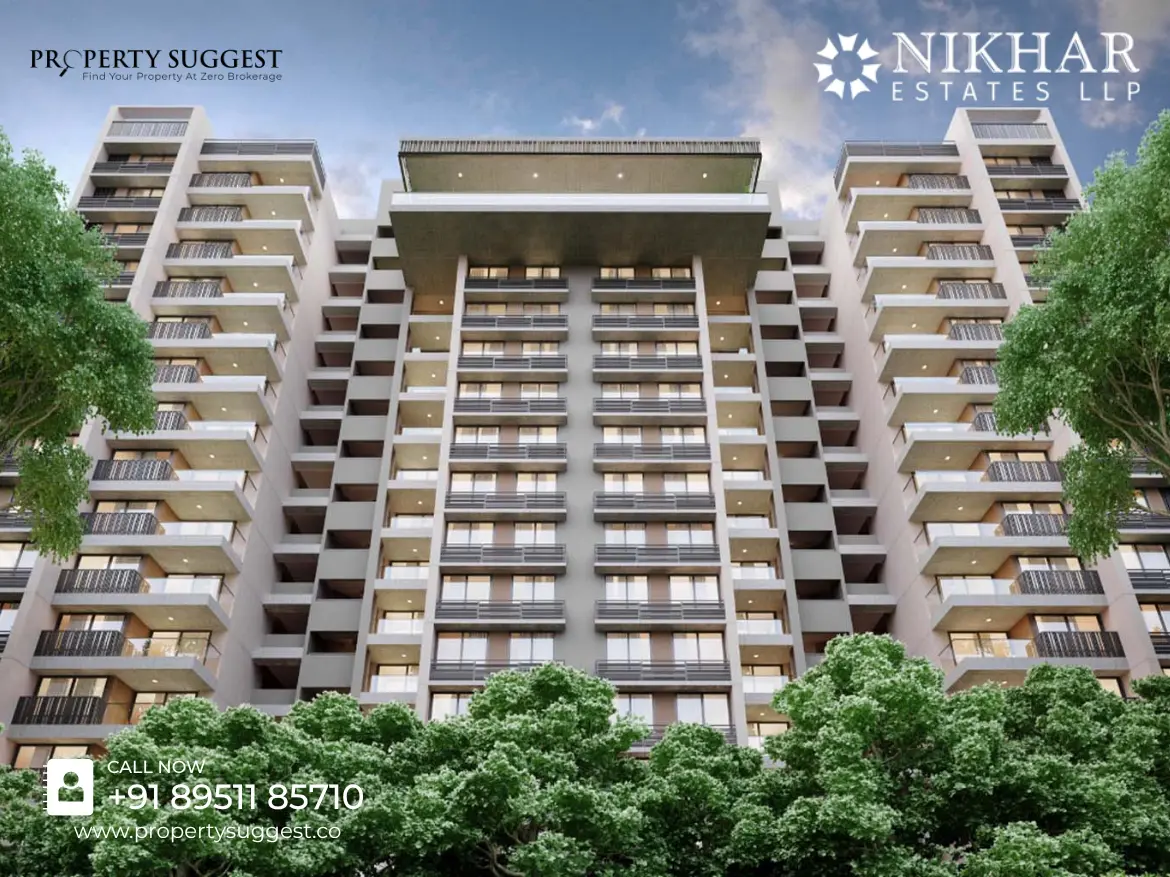 Aerial view of Nikhar Celio residential towers in Gunjur Bangalore featuring high-rise apartments surrounded by greenery and a developed by Nikhar Estates.