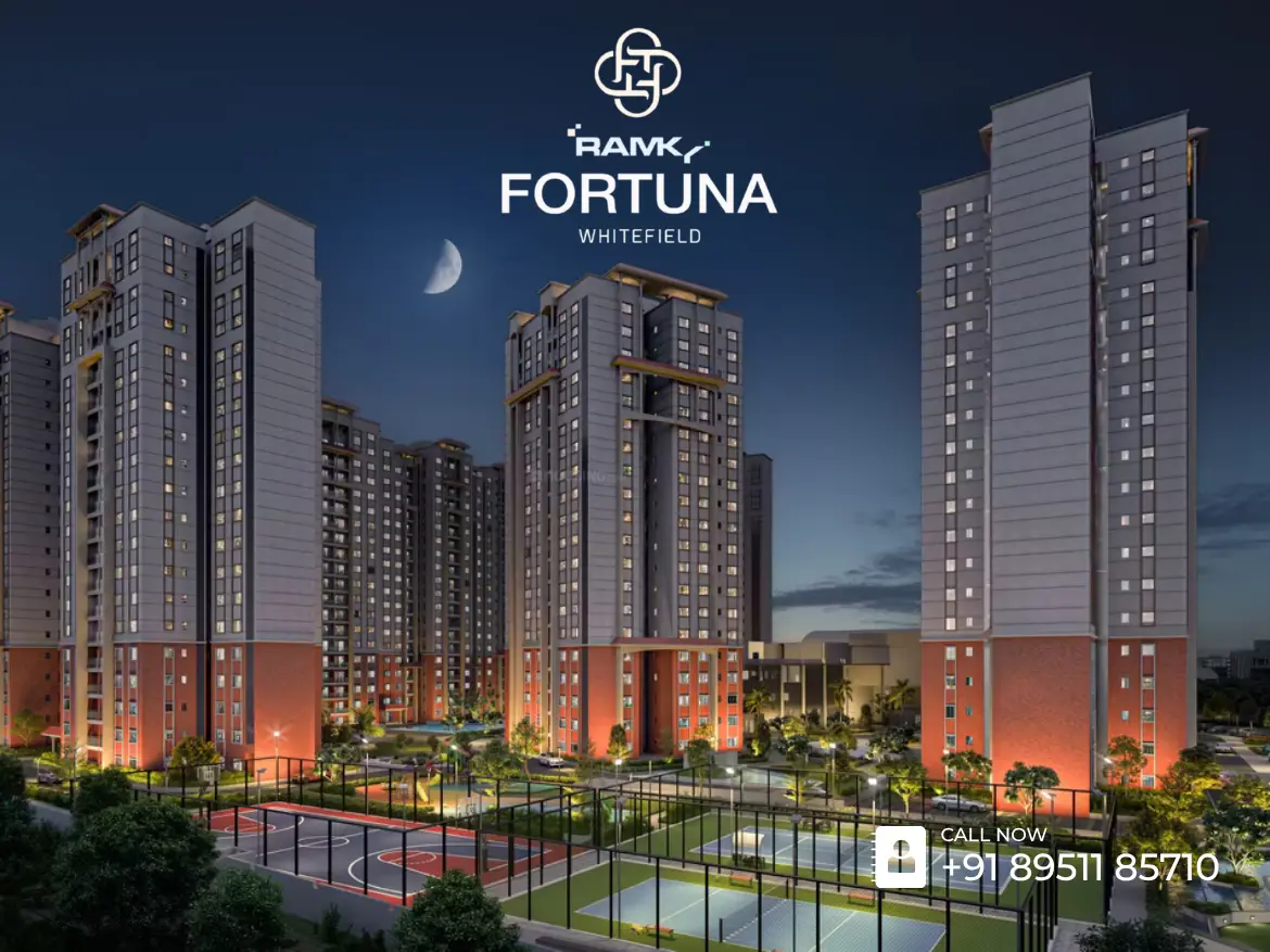 Aerial view of Ramky Fortuna residential towers in Seegehalli Whitefield Bangalore featuring high-rise apartments surrounded by greenery and a developed by Ramky Estates.