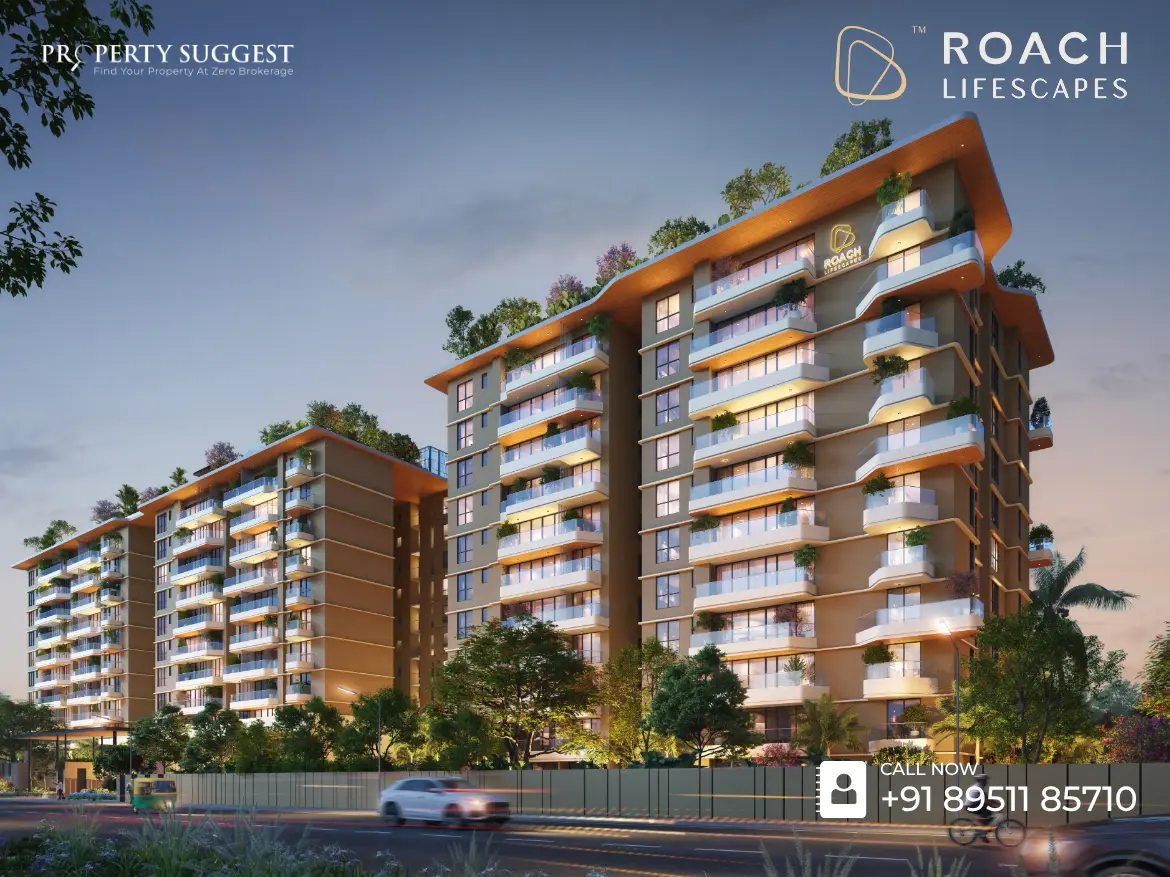 Aerial view of Roach Cicada residential towers in Junnasandra, Sarjapur Road, Bangalore featuring high-rise apartments surrounded by greenery and a developed by Roach Lifescapes.