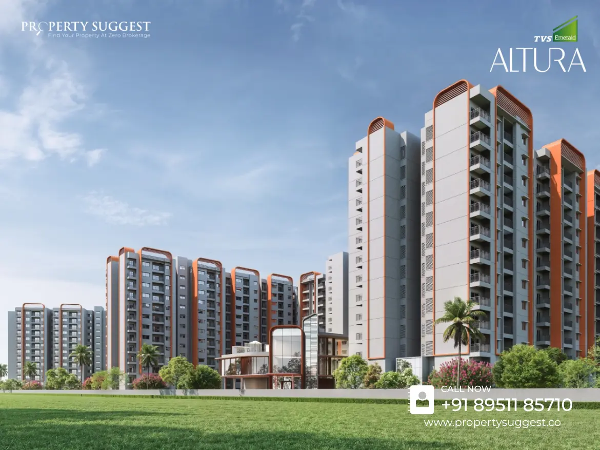 Aerial view of TVS Emerald Altura residential towers in Yelahanka Sathanur Bangalore featuring high-rise apartments surrounded by greenery and a developed by TVS Emerald.