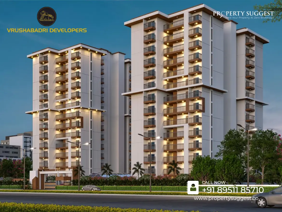 Aerial view of Vrushabadri Winter Park residential towers in Nerige Road Sarjapura Bangalore featuring high-rise apartments surrounded by greenery and a developed by Vrushabadri Developers.
