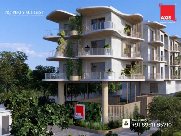 Aerial view of Axis Niran residential towers in Kada Agrahara Road, Kommasandra, Sarjapur, Bangalore featuring low-rise apartments surrounded by greenery and a developed by Axis Concept Construction.