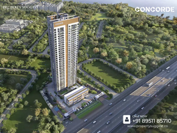 Aerial view of Concorde Sienna residential towers in Hennur Main Road Kannuru Bangalore featuring high-rise apartments surrounded by greenery and a developed by Concorde Group.