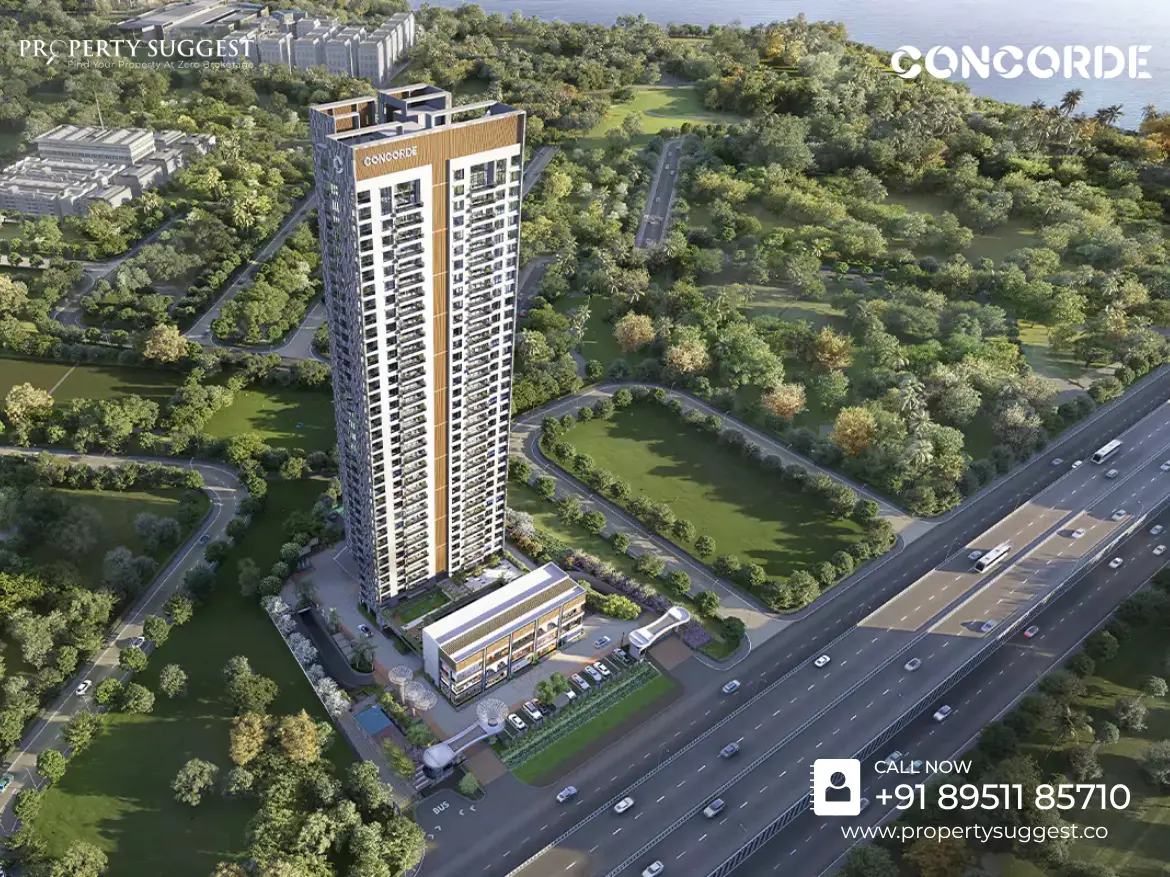 Aerial view of Concorde Sienna residential towers in Hennur Main Road Kannuru Bangalore featuring high-rise apartments surrounded by greenery and a developed by Concorde Group.
