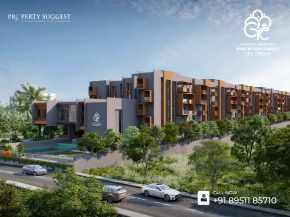 Aerial view of GRC Savora residential towers in Choodasandra, Sarjapur Road, Bangalore featuring low-rise apartments surrounded by greenery and a developed by GRC Group Builders & Developers.