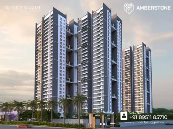 Aerial view of Amberstone Vectra residential towers in Chambenahalli, off Sarjapur Road, Bangalore featuring high-rise apartments surrounded by greenery and a waterfront, developed by Amberstone Properties.