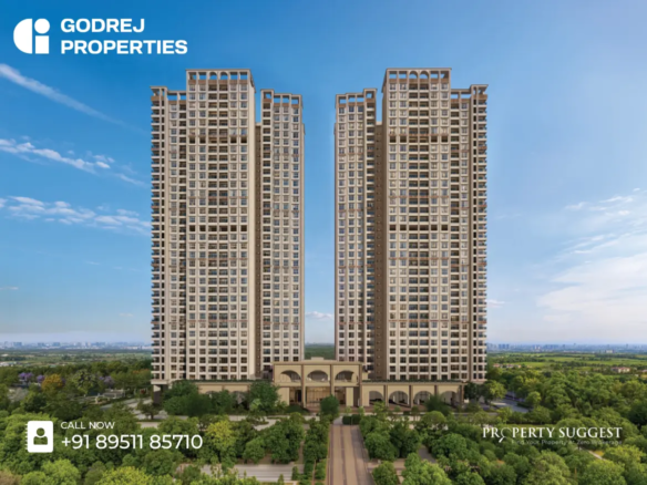 Aerial view of Godrej Regent Park residential towers in Sompura Gate, Kada Agrahara, Sarjapur Road, Bangalore featuring high-rise apartments surrounded by greenery and a developed by Godrej Properties.