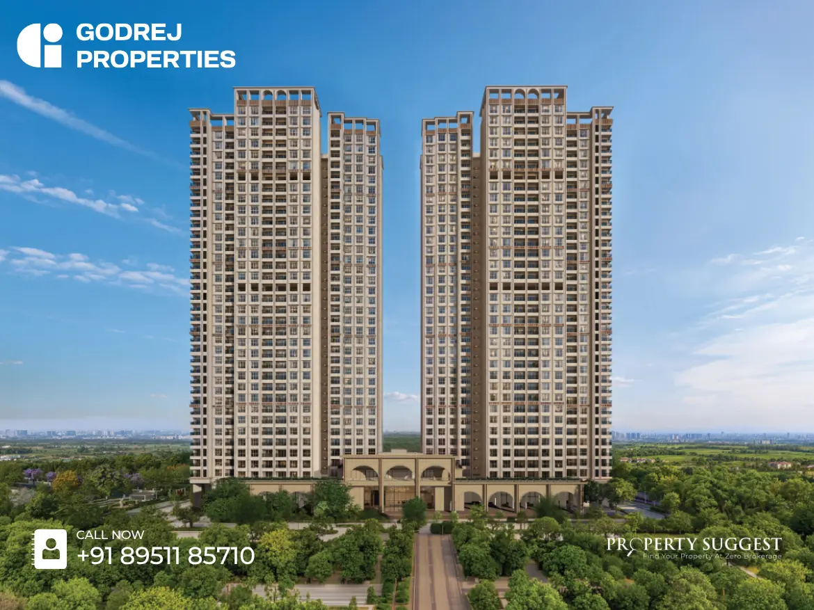 Aerial view of Godrej Regent Park residential towers in Sompura Gate, Kada Agrahara, Sarjapur Road, Bangalore featuring high-rise apartments surrounded by greenery and a developed by Godrej Properties.