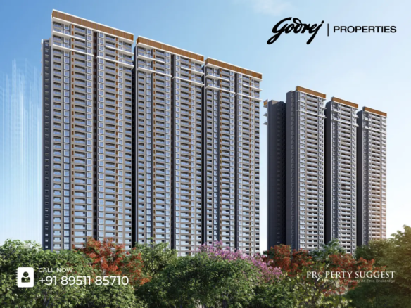 Aerial view of Godrej Regent Park residential towers in Sompura Gate, Kada Agrahara, Sarjapur Road, Bangalore featuring high-rise apartments surrounded by greenery and a developed by Godrej Properties.