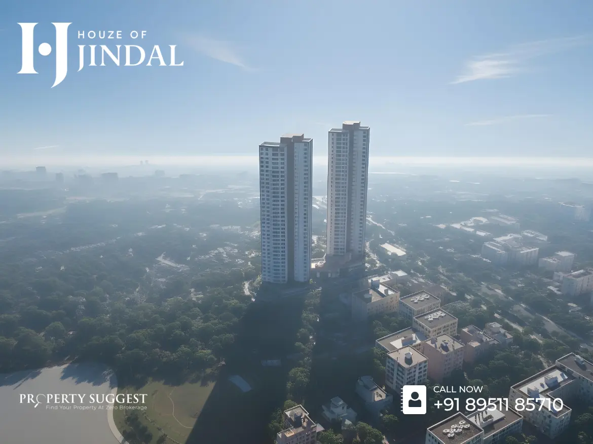 Aerial view of Houze of Jindal Zolaah residential towers in Old Madras Road, Aavalahalli, Bangalore featuring high-rise apartments surrounded by greenery and a developed by House Of Jindal Estates.