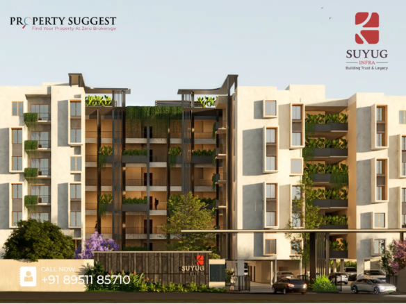 Aerial view of The Shalott Marque by Suyug – Premium 2 & 3 BHK Apartments on Sarjapur-Attibele Road, Bangalore residential property in BEML Cooperative Society Layout, S.Medihalli, Sarjapur-Attibele Road, Bangalore featuring low-rise apartments surrounded by greenery and a developed by Suyug Infra.