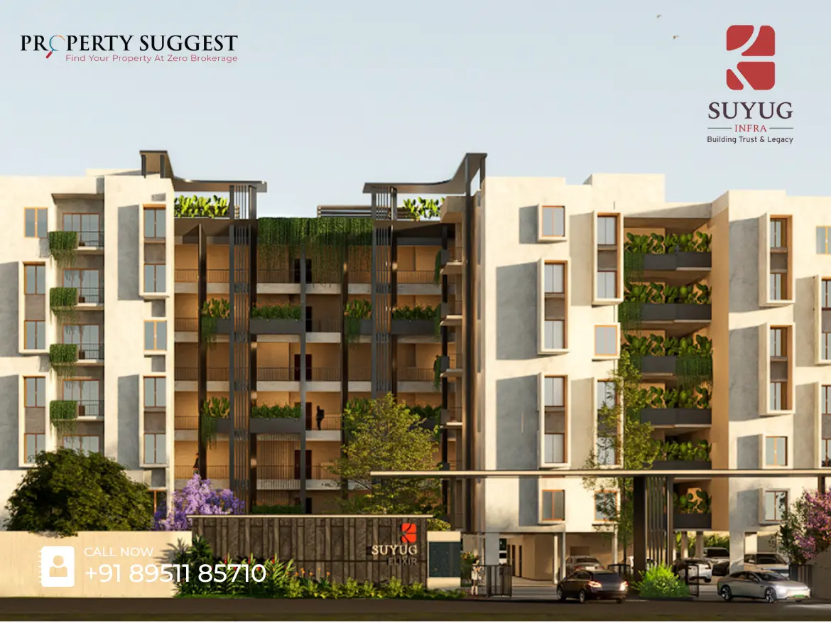 Aerial view of The Shalott Marque by Suyug – Premium 2 & 3 BHK Apartments on Sarjapur-Attibele Road, Bangalore residential property in BEML Cooperative Society Layout, S.Medihalli, Sarjapur-Attibele Road, Bangalore featuring low-rise apartments surrounded by greenery and a developed by Suyug Infra.