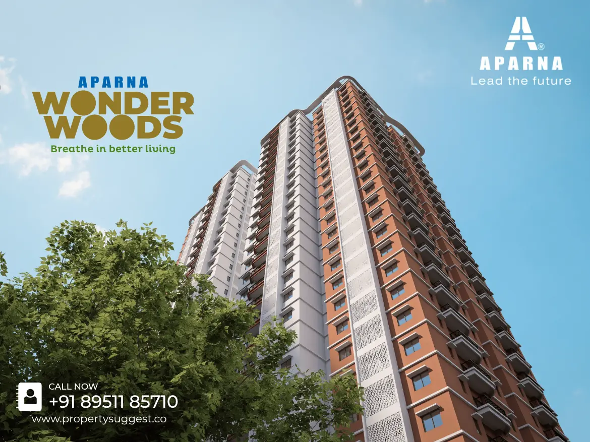 Aerial view of Aparna Wonder Woods residential towers in Mallasandra, Kanakapura Road, Bangalore featuring high-rise apartments surrounded by greenery and a developed by Aparna Constructions.
