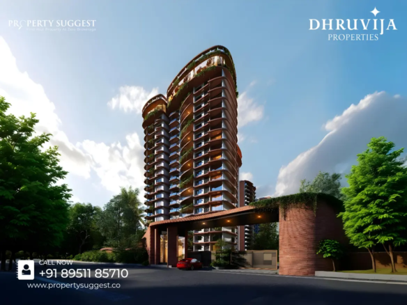Aerial view of Dhruvija Gopura residential project in KIADB Aerospace Park, Gummanahalli, Bagalur, North Bangalore featuring high-rise apartments surrounded by greenery and a developed by Dhruvija Properties.