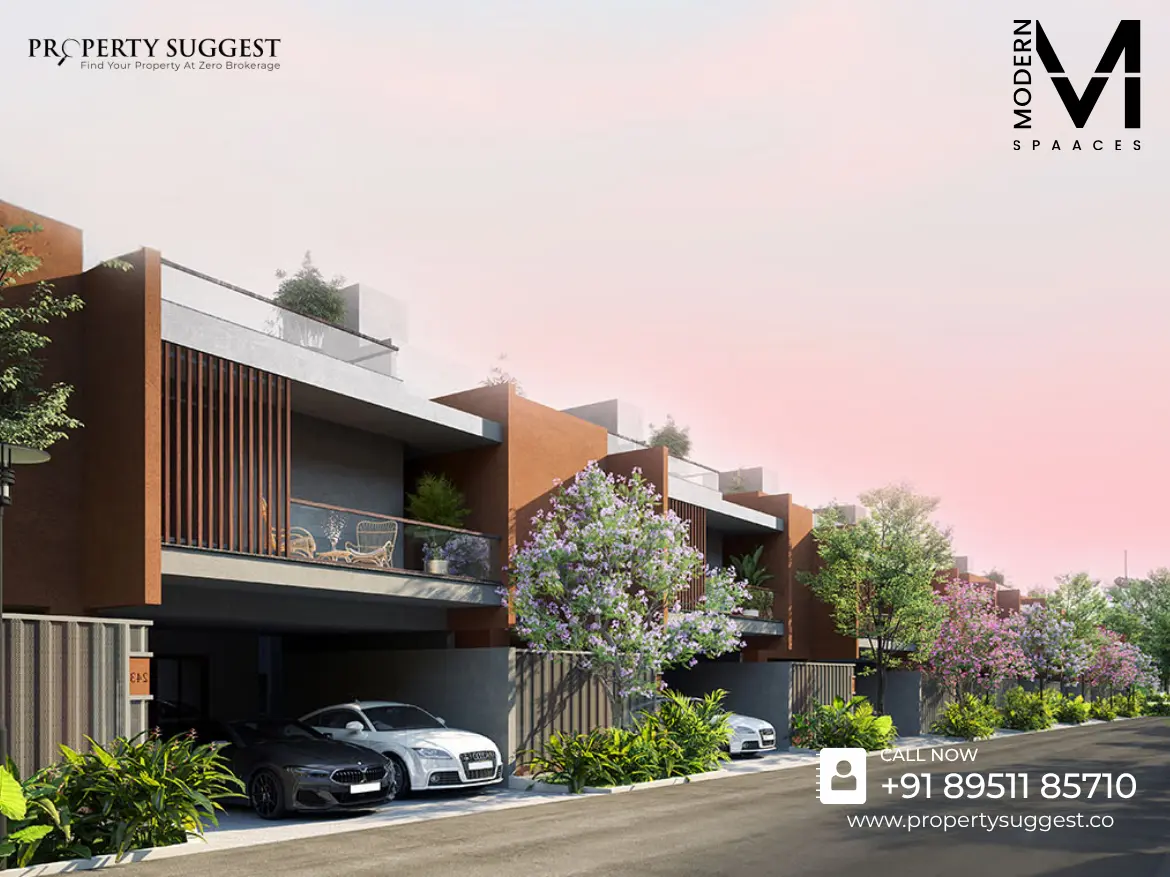 Aerial view of Modern Spaaces Urban Oasis residential villas in Sompura Gate Kada Agrahara Sarjapur Road Bangalore featuring luxury villas surrounded by greenery and a developed by Modern Spaaces.