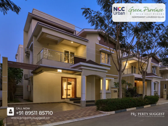 Aerial view of NCC Urban Green Province Phase 2 residential villas in Sompura, Sarjapur Road, Bangalore featuring luxury villas surrounded by greenery and a developed by NCC Urban Infrastructure Limited.