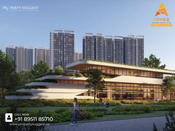 Aerial view of Abhee City Urban Glenn residential project in Whitefield, Sarjapur Road, Bangalore featuring high rise apartments surrounded by greenery and a developed by Abhee Ventures.