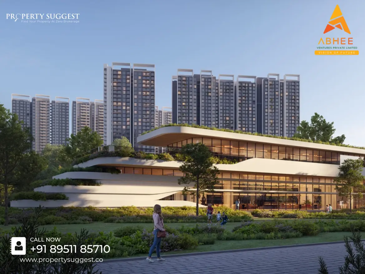 Aerial view of Abhee City Urban Glenn residential project in Whitefield, Sarjapur Road, Bangalore featuring high rise apartments surrounded by greenery and a developed by Abhee Ventures.