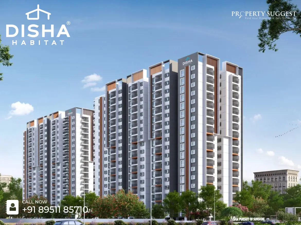 Aerial view of Disha Pursuit of Radiance residential project in Balagere Main Road, Devasthanagalu, Varthur, Bangalore featuring high rise apartments surrounded by greenery and a developed by Disha Habitat Homes.