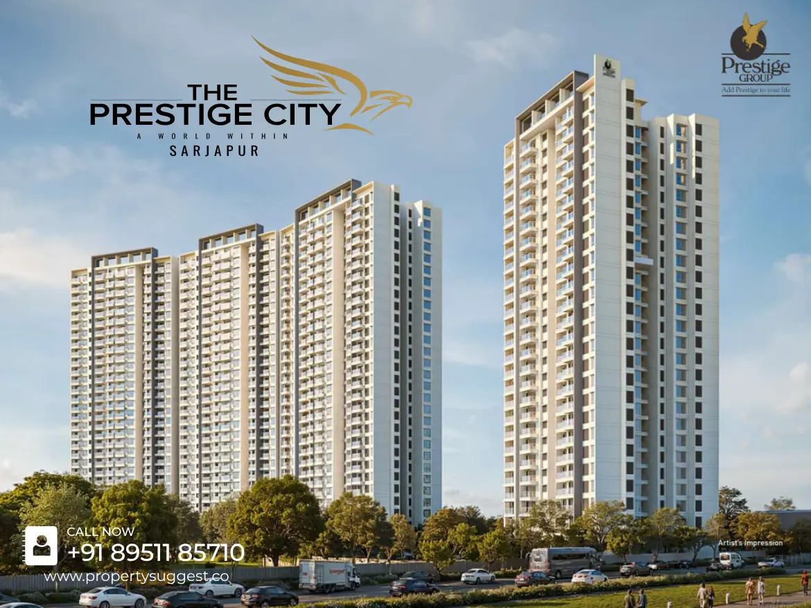 Aerial view of Garden Breeze at The Prestige City residential project in Ittangur, Sarjapur Road, Bangalore featuring high rise apartments surrounded by greenery and a developed by Prestige Group.