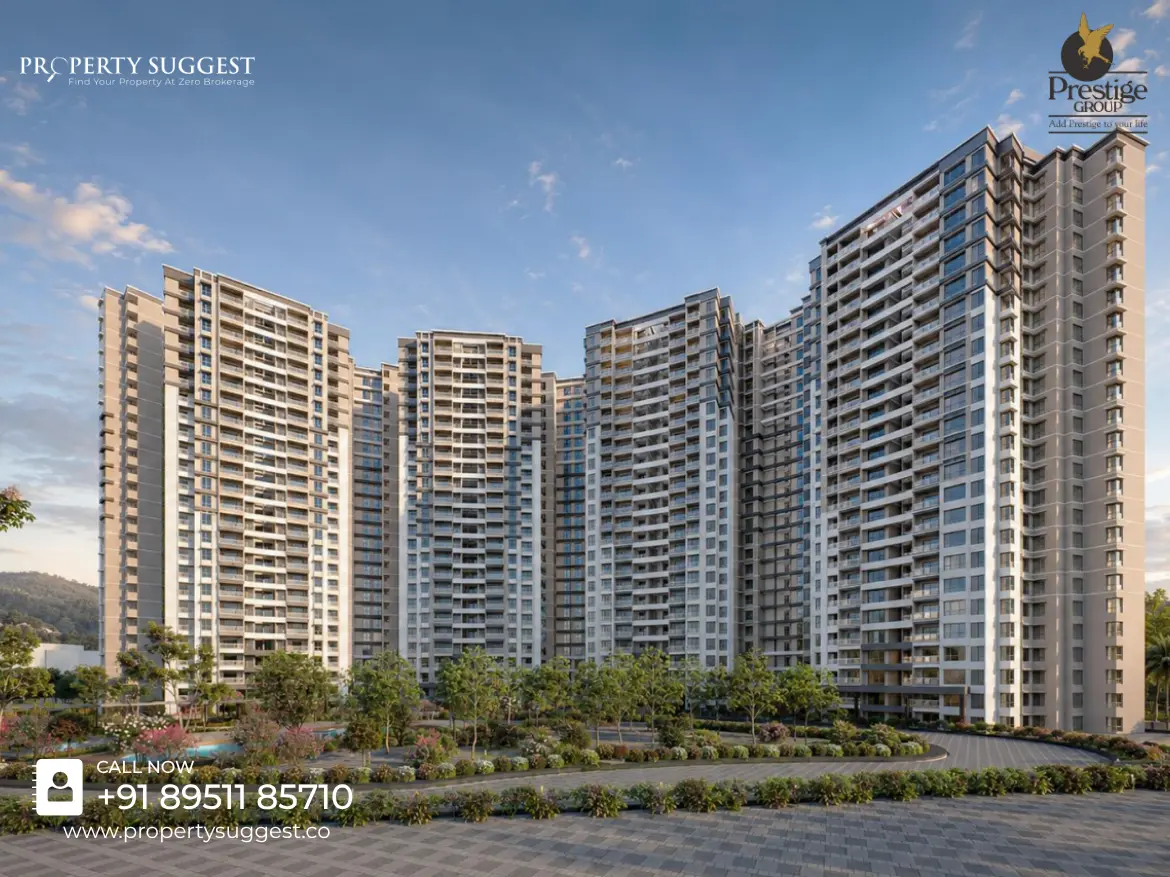 Aerial view of Prestige Parklane residential project in KIADB Aerospace Park Phase 2, Devanahalli, Bangalore featuring high rise apartments surrounded by greenery and a developed by Prestige Group.