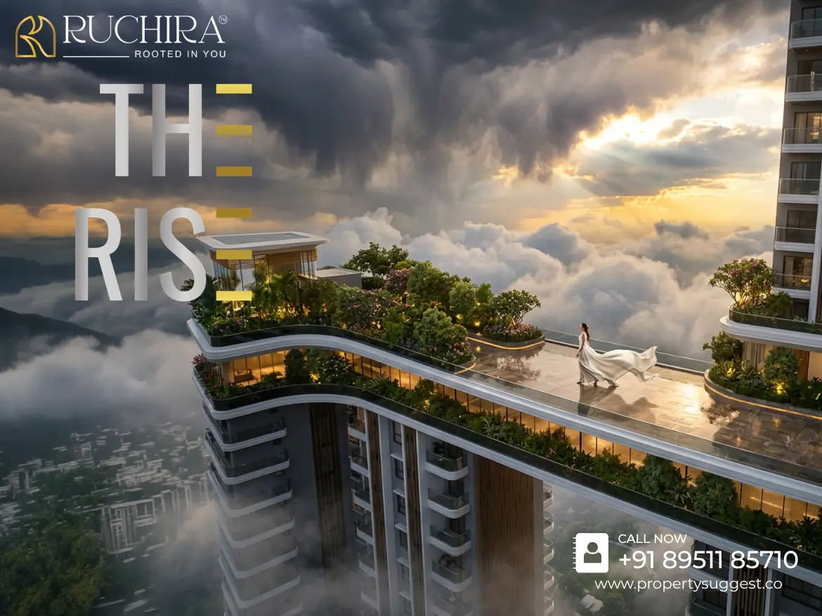 Aerial view of Ruchira The Rise residential project in Old Madras Road, Konadasapura, Budigere Cross, Bangalore featuring high rise apartments surrounded by greenery and a developed by Ruchira Developers.