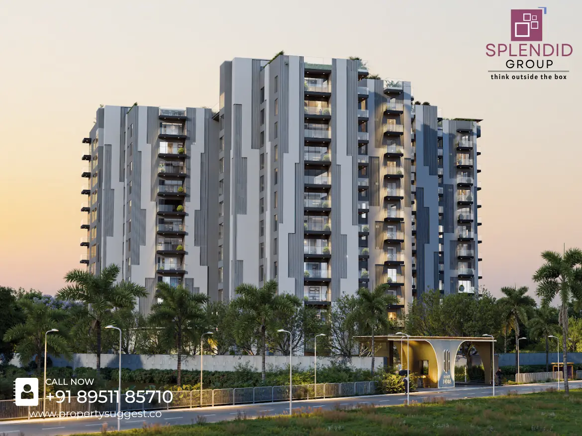 Aerial view of Splendid Evora residential project in Electronic City, Gollahalli, Bangalore featuring high rise apartments surrounded by greenery and a developed by Splendid Group.