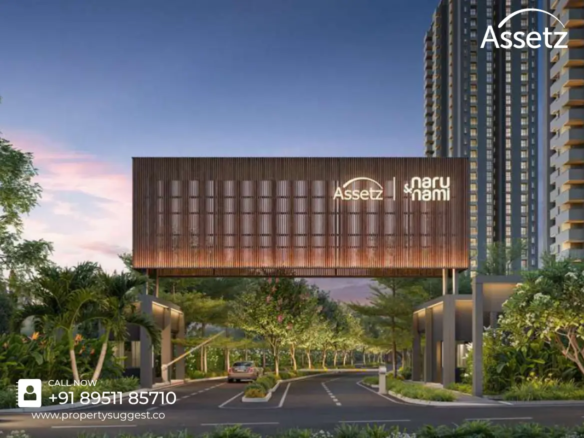 Aerial view of Assetz Naru and Nami residential project near by MVJ Hospital, Dandupalya, Old Madras Road, Hoskote, Bangalore featuring high rise apartments surrounded by greenery and a developed by Assetz Property Group.
