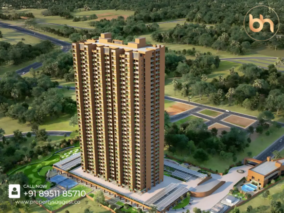 Aerial view of Bhavisha Bavantica residential towers in Sompura Gate, Sarjapur Main Road, Bangalore featuring high-rise apartments surrounded by greenery and a waterfront, developed by Bhavisha Homes.