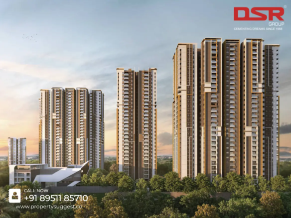 Aerial view of DSR The Address residential project near by Dommasandra, Whitefield–Sarjapur Road, Bangalore featuring high rise apartments surrounded by greenery and a developed by DSR Group.