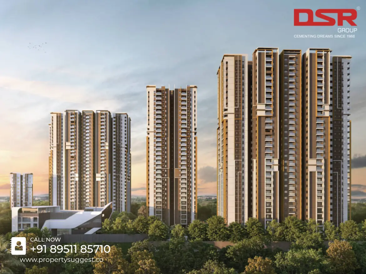 Aerial view of DSR The Address residential project near by Dommasandra, Whitefield–Sarjapur Road, Bangalore featuring high rise apartments surrounded by greenery and a developed by DSR Group.