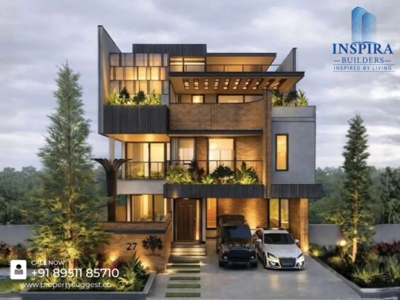 Aerial view of Inspira Trees of Life residential villas in Ittangur, Sarjapur Road, Bangalore featuring luxury villas surrounded by greenery and a developed by Inspira Builders.