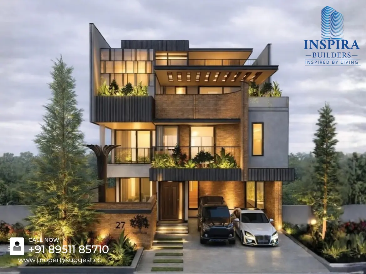 Aerial view of Inspira Trees of Life residential villas in Ittangur, Sarjapur Road, Bangalore featuring luxury villas surrounded by greenery and a developed by Inspira Builders.