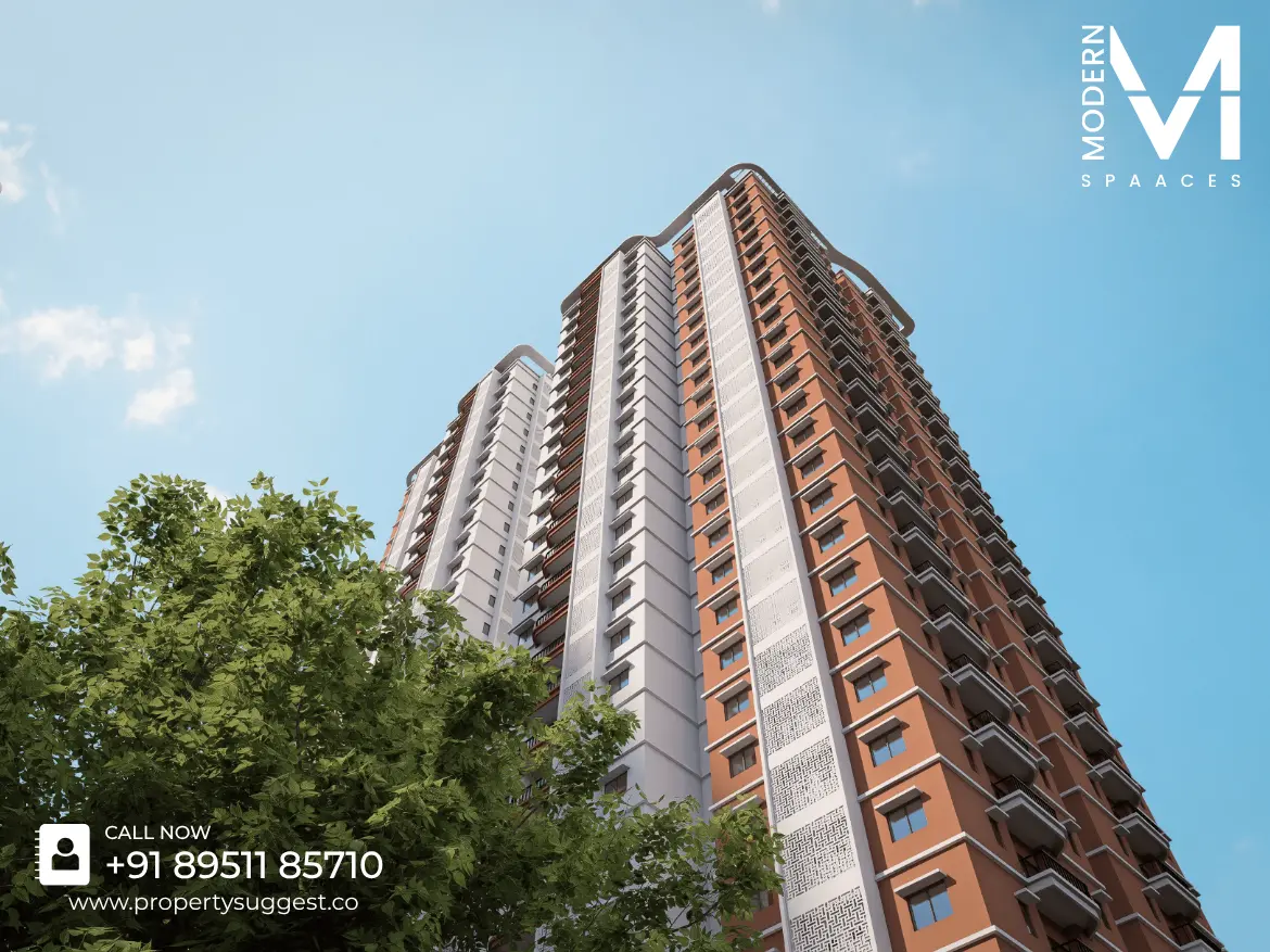 Aerial view of Modern Spaaces High and Sky residential towers in Sompura Gate, Sarjapur Main Road, Bangalore featuring high-rise apartments surrounded by greenery and a waterfront, developed by Modern Spaaces.