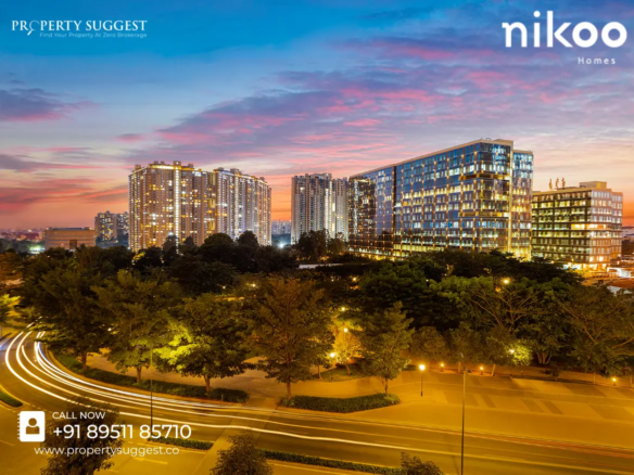 Aerial view of Nikoo Homes 9 Alpine Bhartiya Garden Hill residential project in KIADB Aerospace Park, Huvinayakanahalli, Bagalur, Bangalore featuring high rise apartments surrounded by greenery and a developed by Bhartiya Urban Private Limited (Nikoo Homes).