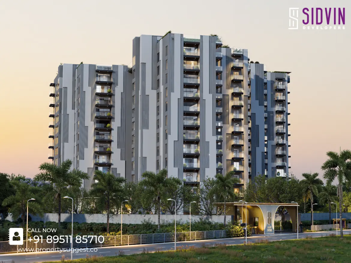 Aerial view of Sidvin Symmetra residential project in Vabasandra, Hulimangala, Electronic City, Bangalore featuring high rise apartments surrounded by greenery and a developed by Sidvin Developers.