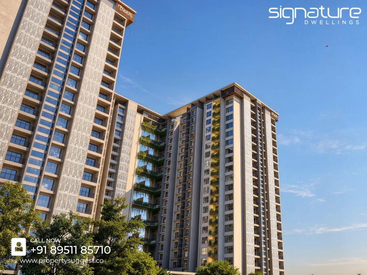 Aerial view of Signature Cnr Marvel residential project in Marasuru Agrahara, Electronic City, Bangalore featuring high rise apartments surrounded by greenery and a developed by Signature Dwellings.
