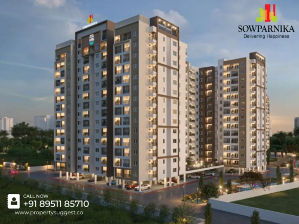 Aerial view of Sowparnika The Native residential project in Poojena Agrahara, Whitefield, Hoskote, Bangalore featuring high rise apartments surrounded by greenery and a developed by Sowparnika Projects.