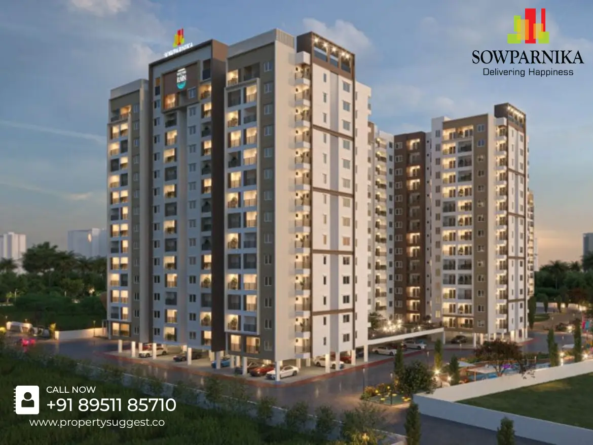 Aerial view of Sowparnika The Native residential project in Poojena Agrahara, Whitefield, Hoskote, Bangalore featuring high rise apartments surrounded by greenery and a developed by Sowparnika Projects.